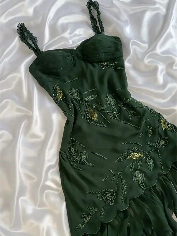 Dark Green Chiffon Ruffle Prom Dress Formal Dress Evening Party Dresses  