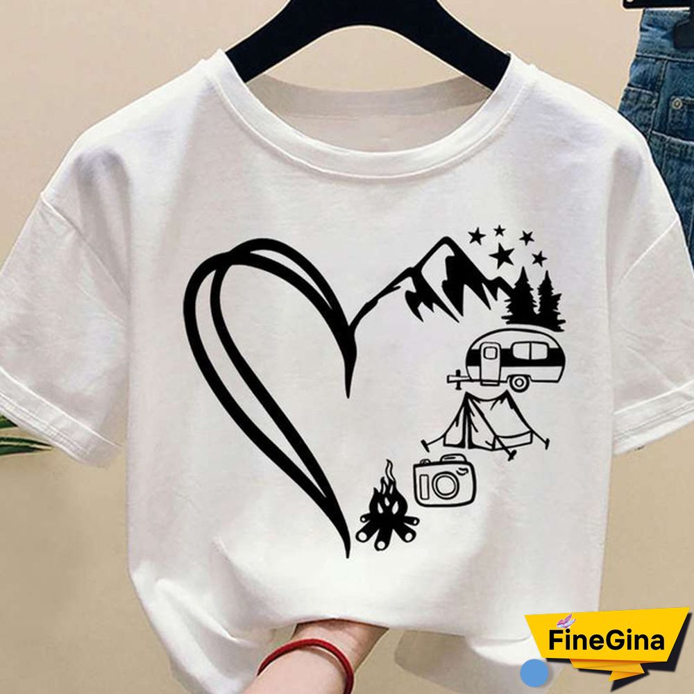 Hot Camping Heart Printed T-Shirts For Women Summer Short Sleeve Tee Shirts Round Neck Casual Summer Ladies Tops