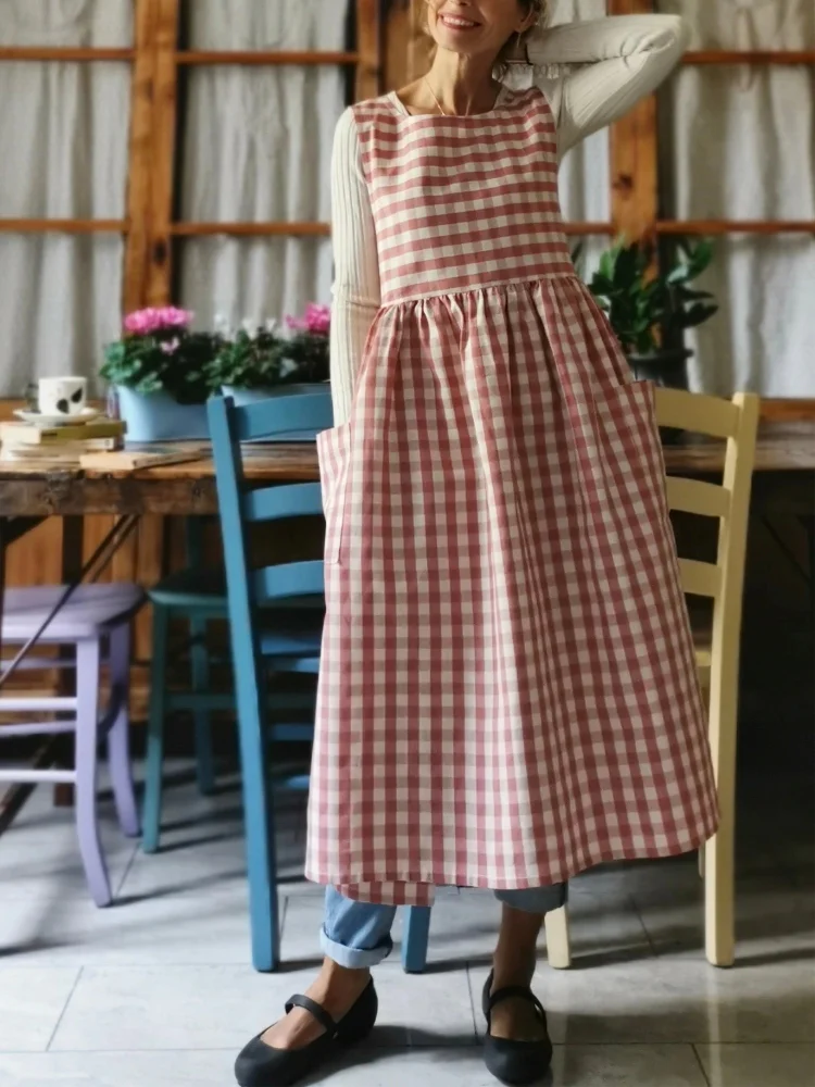 Pink Checked Cotton Kitchen Apron