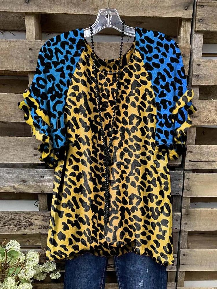 Women's New Round Neck Blue Yellow Leopard Print Loose Short Sleeves