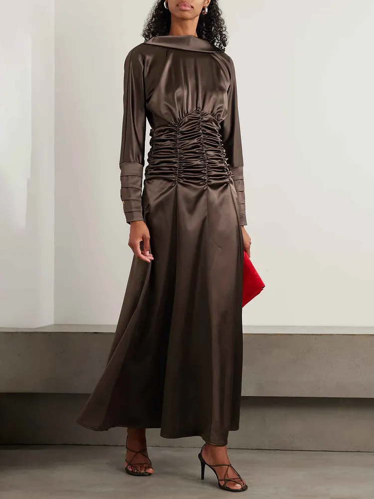 Elegant Backless Pleated Cinched-Waist Maxi Dress