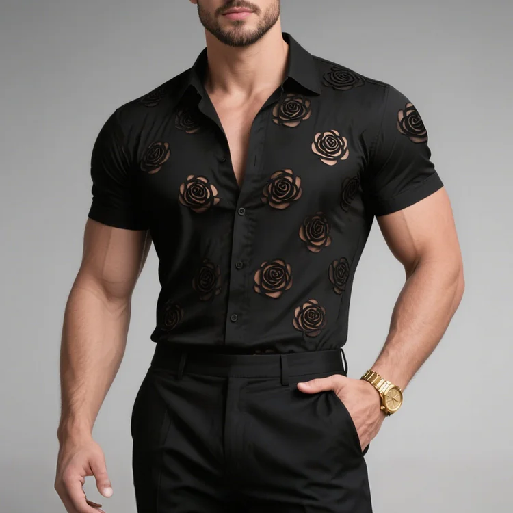 Okaywear Turndown Collar Short Sleeve Floral Burn-Out Shirt 