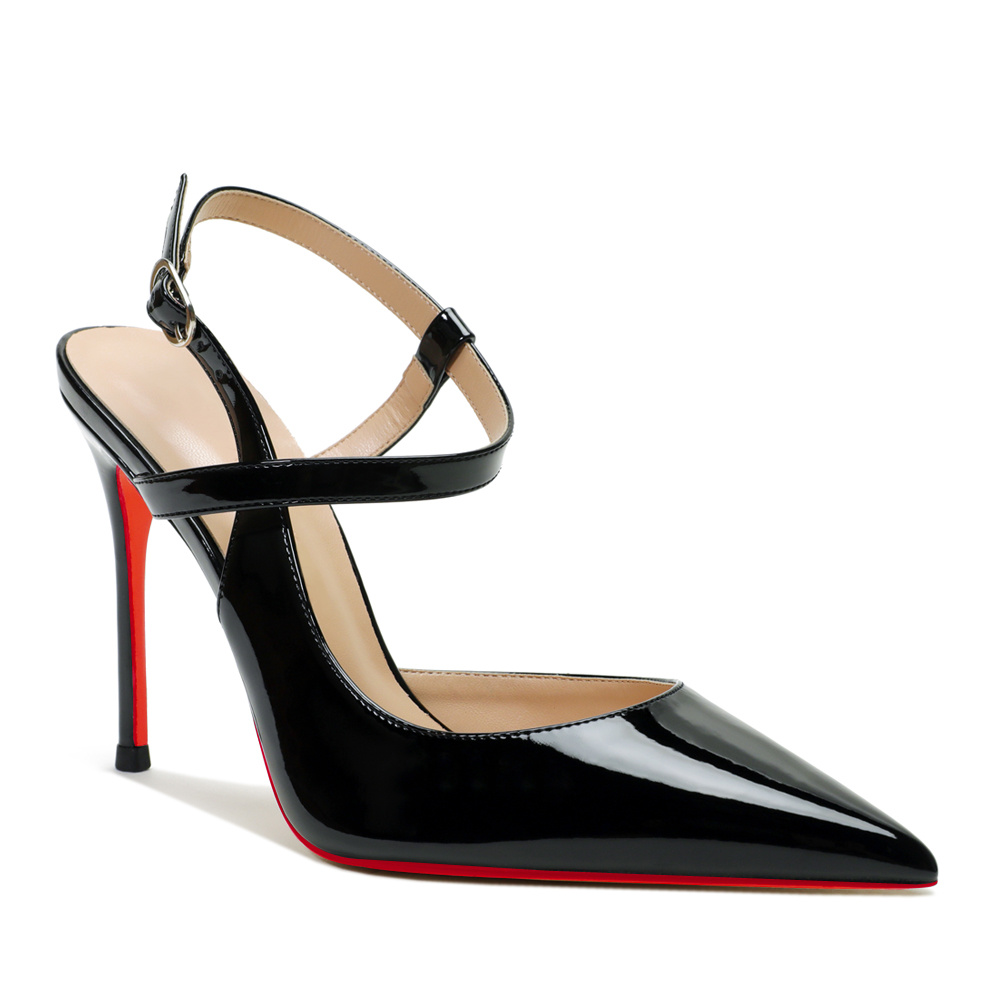 100mm Women Slingback Pumps Ankle Strap Jenlove Stiletto High Heel Close Pointed Toe Dress Red Bottoms Patent Shoes-MERUMOTE