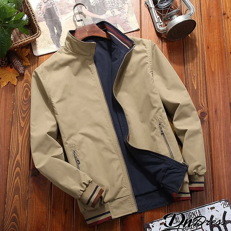 Men Casual Stand Collar Zipper Reversible Wearable Loose Jacket