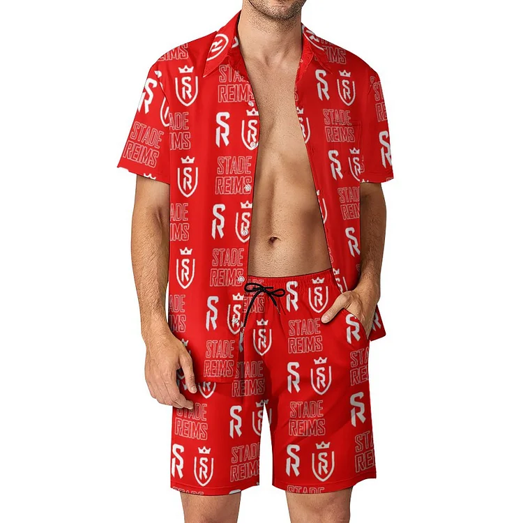 Stade De Reims Costume De Plage À Manches Courtes Avec Poches Chemise Hawaïenne