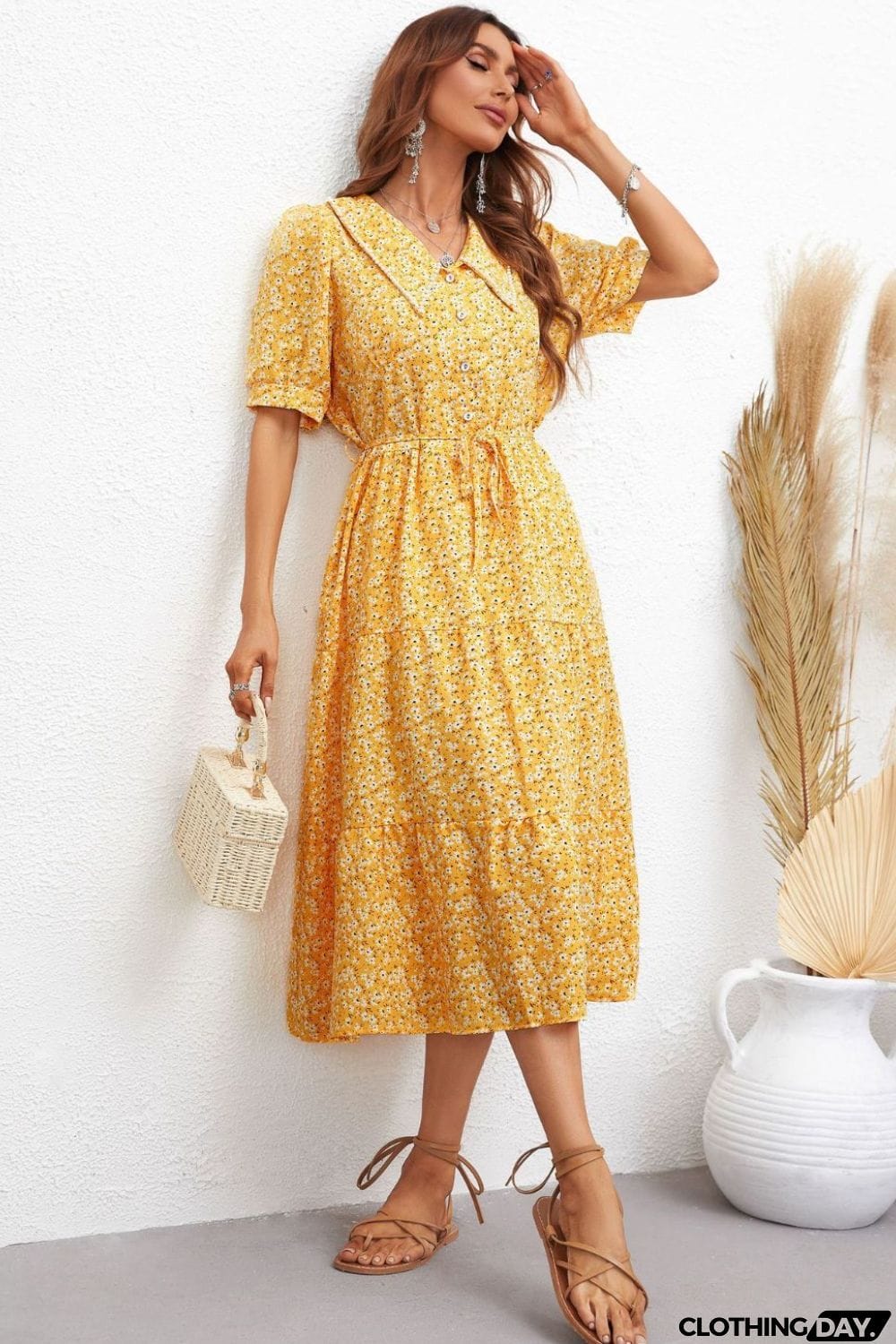 Floral Tie Waist Collared Neck Tiered Dress