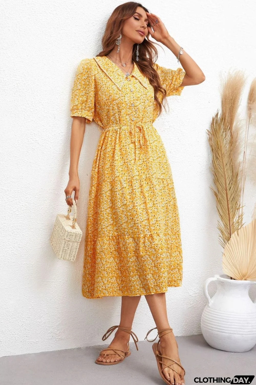 Floral Tie Waist Collared Neck Tiered Dress