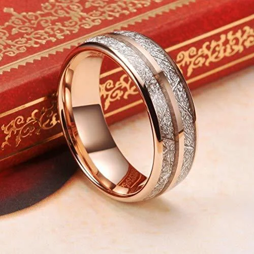 6MM 8MM Women's Or Men's Domed Tungsten Carbide Wedding Matching Rings Rose Gold Double Line Inspired Meteorite
