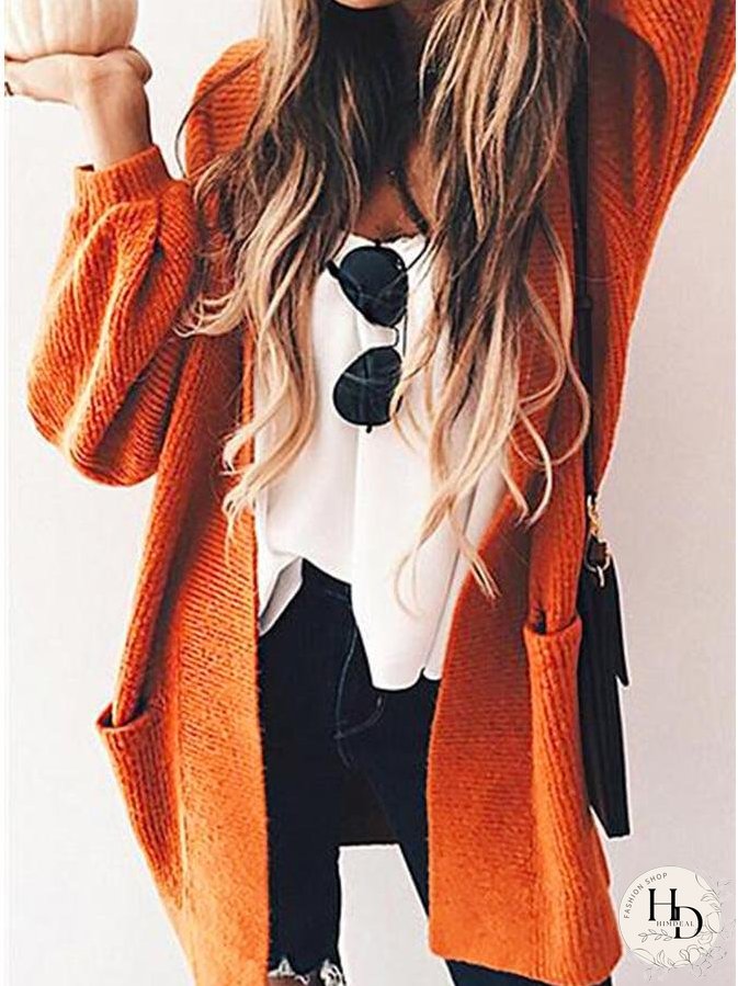 Cardigans Solid Pocket Long Sleeve Knitted Cardigan for Women