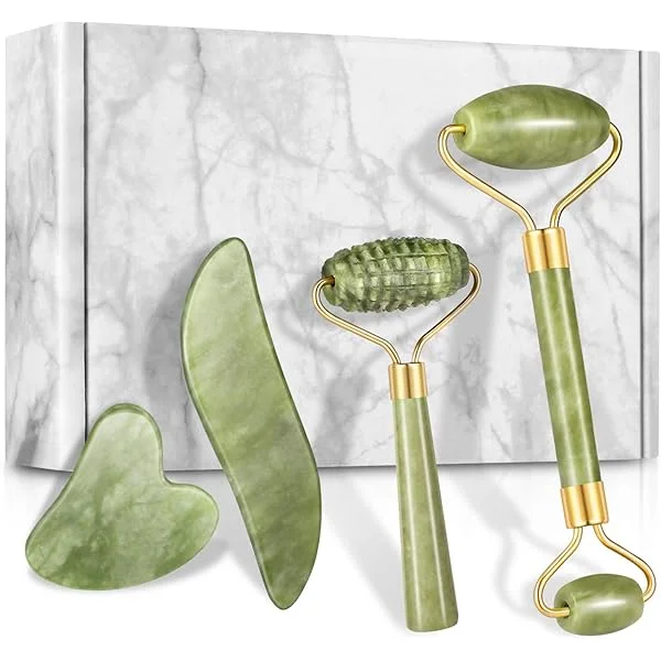 4-pcs Jade Roller & Gua Sha Set, Facial Roller Massager with Gua Sha Scraping Tool, Jade Stone Massager for Anti-aging, Slimming & Firming, Rejuvenate Face and Neck, Remove Wrinkles & Eye Puffiness 4 Pcs-green