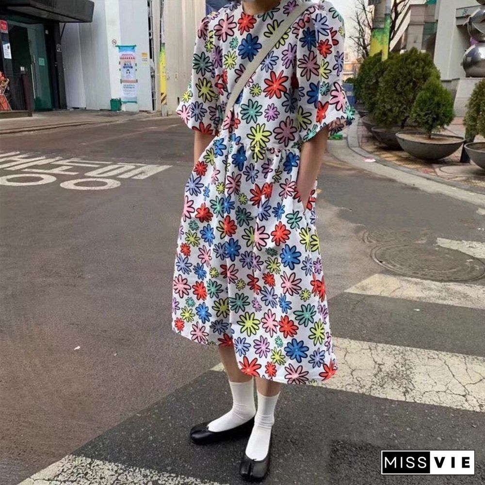 Korean Style Color Round Neck Flower Dress Women