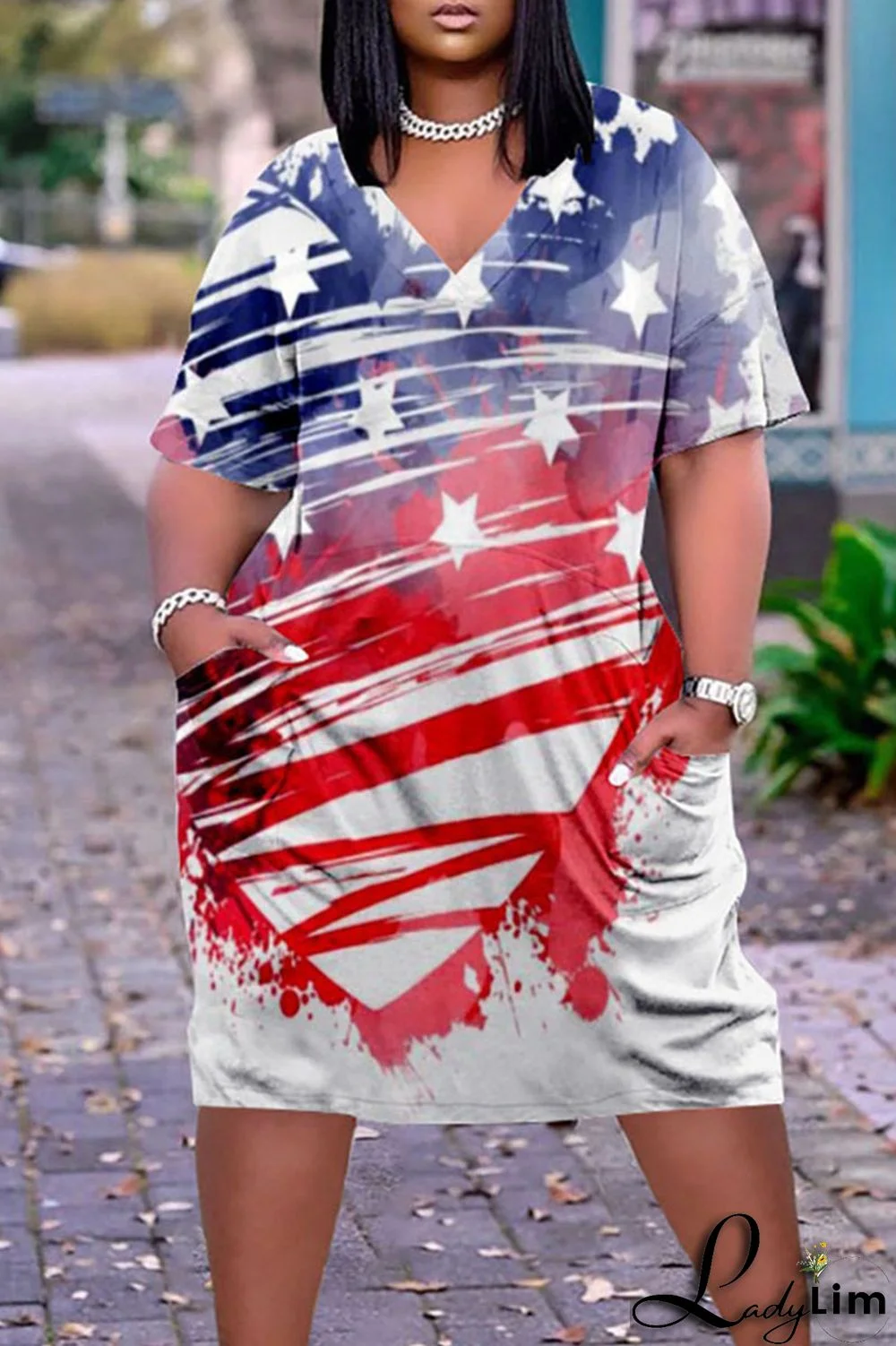 Deep Blue Casual Print Patchwork V Neck Dresses