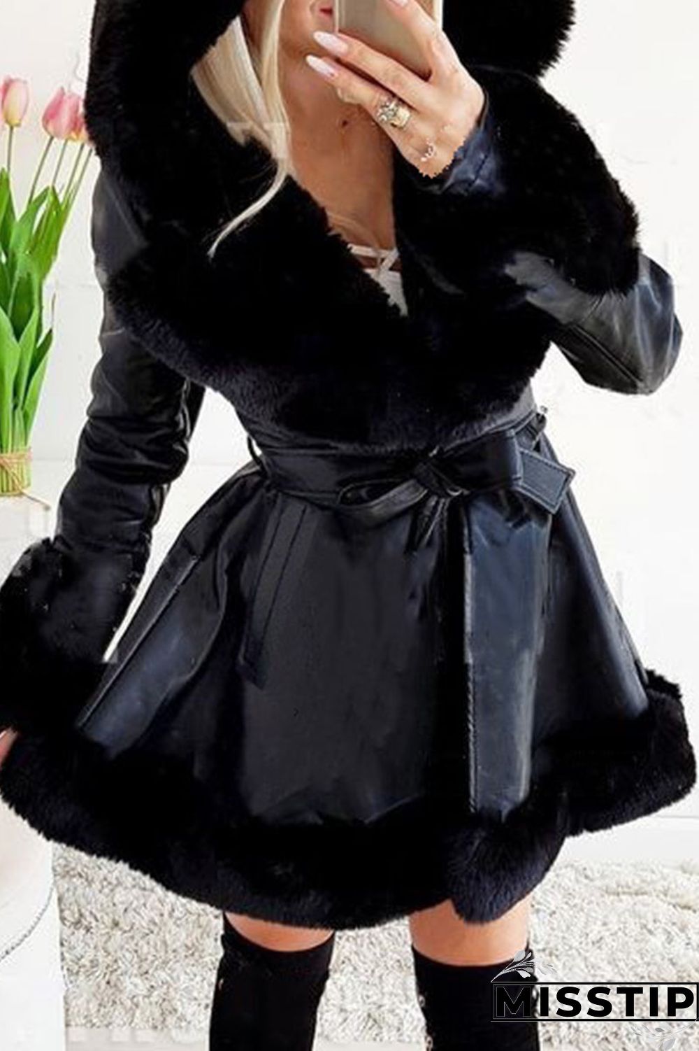 Black Sexy Solid Bandage Patchwork Feathers Hooded Collar Outerwear