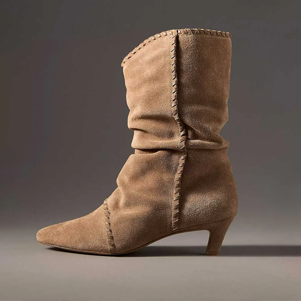 Brown Vegan Suede Kitten Heel Mid Calf Fashion Boots for Women