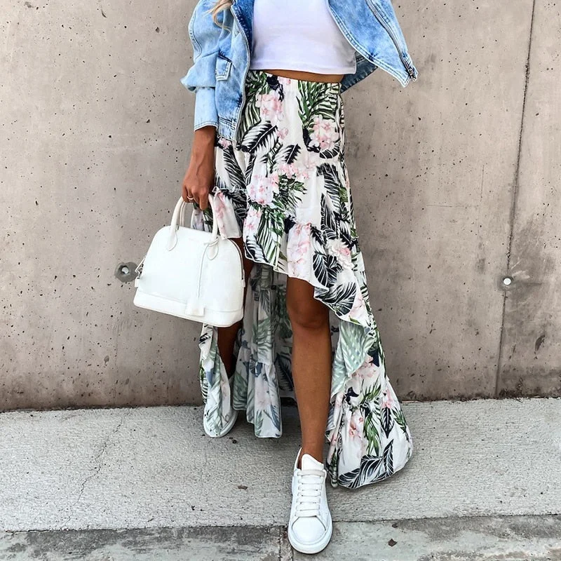 Bohemian Women Long Skirt Summer Beach Style Floral Printed High Waist Casual Skirt Ins Asymmetrical Bottom Fashion Skirt 2021