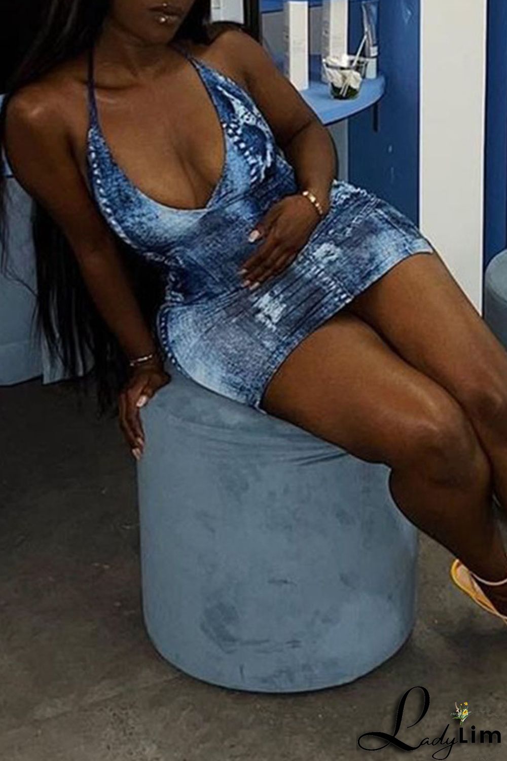 Blue Sexy Print Patchwork Halter Pencil Skirt Dresses