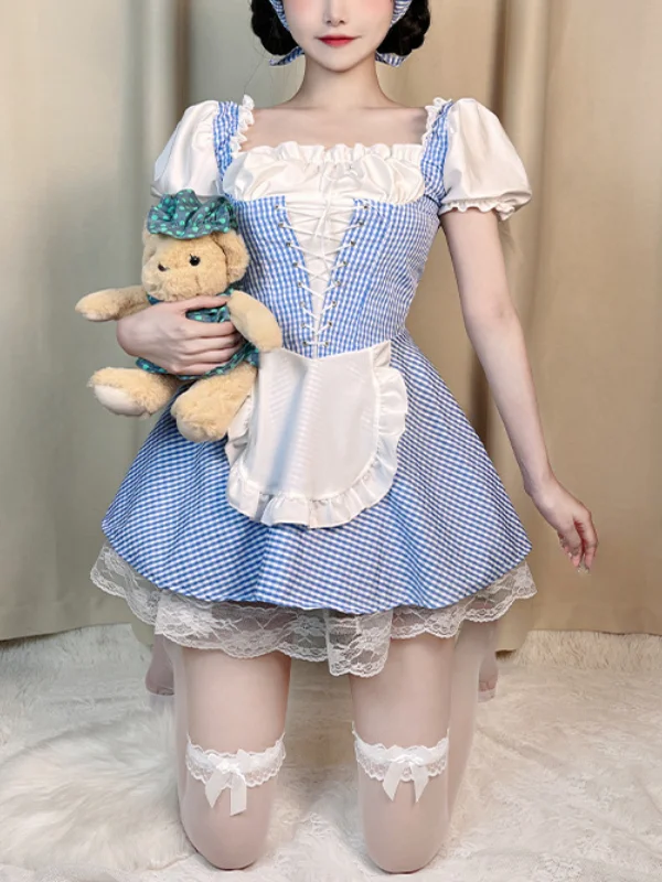 Sweet Bubble Sleeve Bandaged Checks Lace-up Ruffled Mini Maid Dress