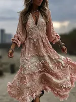 Women's Vintage Floral Embroidered Linen Blend Dress