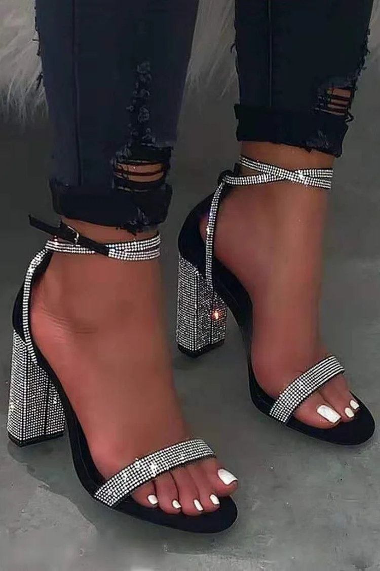 Party Rhinestone Ankle Strap Buckle Peep Toe Chunky Heel Pumps