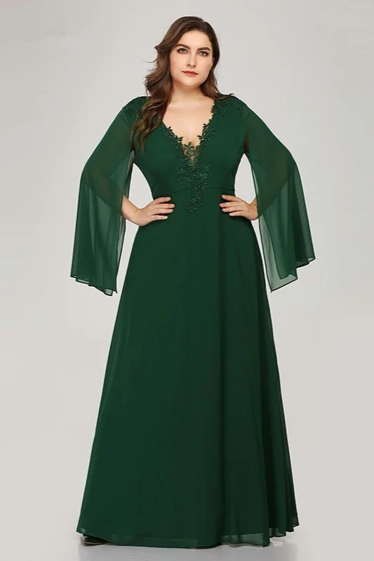 Green Ruffles Long Sleeve Mermaid Plus Size Evening Prom Dress