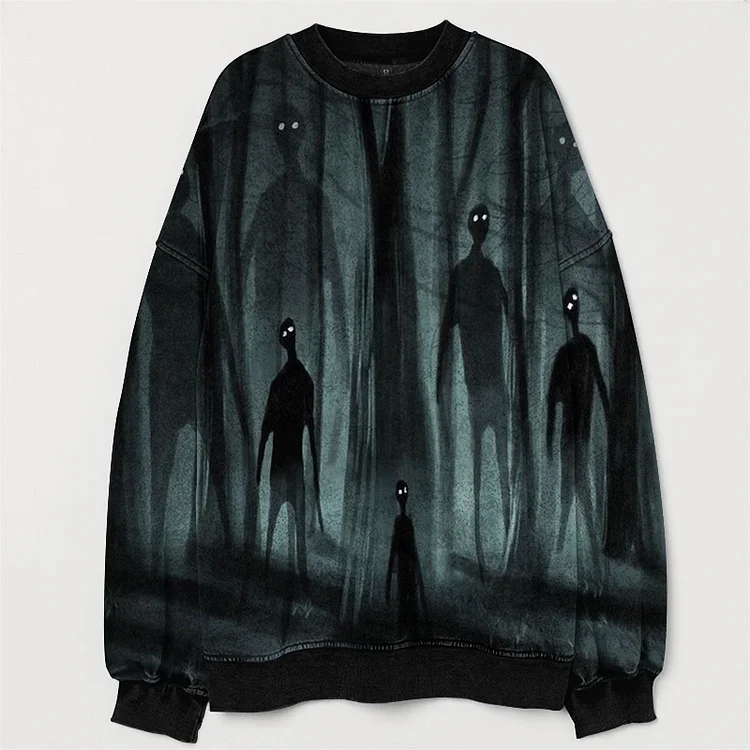 Comstylish Forest Ghost Printed Vintage Washed Casual Sweatshirt