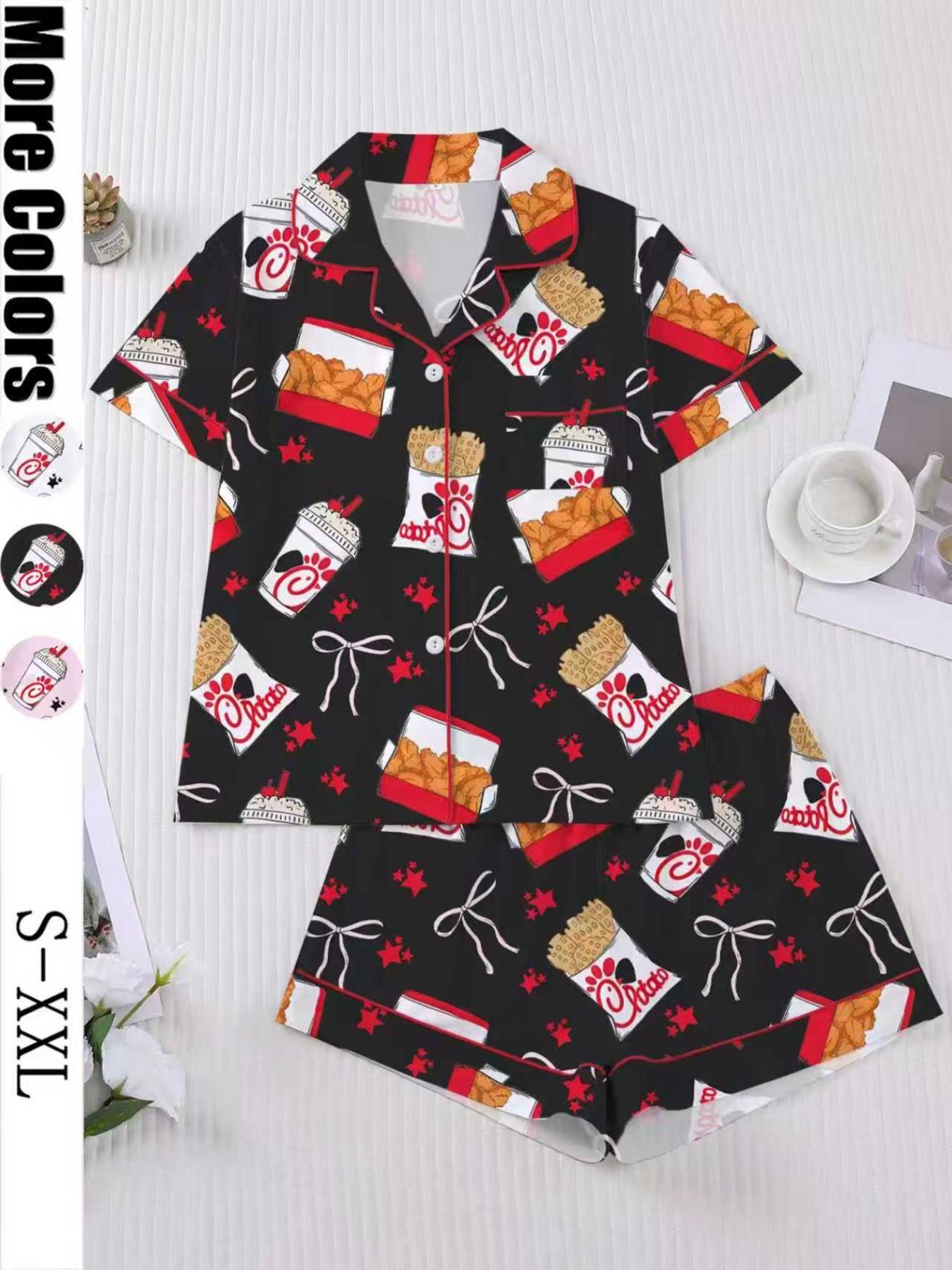 Women's Snack Chicken Bow Print Pajama Set, Short Sleeve Button-Up Soft Top & Loose Elastic Shorts, Casual Home Wear Loungewear for Daily Use Pyjamas