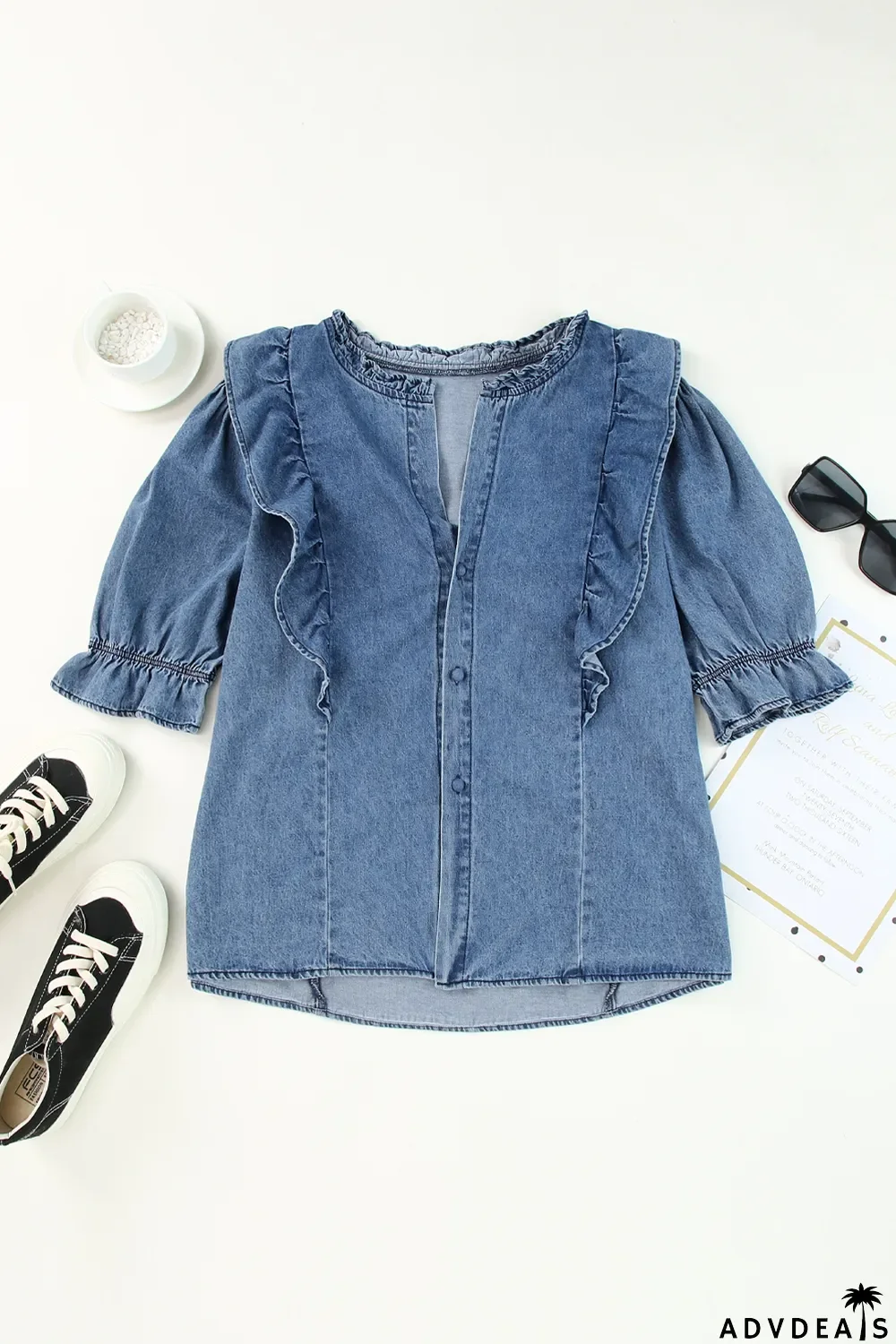 Sky Blue Ruffle Trim Half Sleeve Denim Shirt