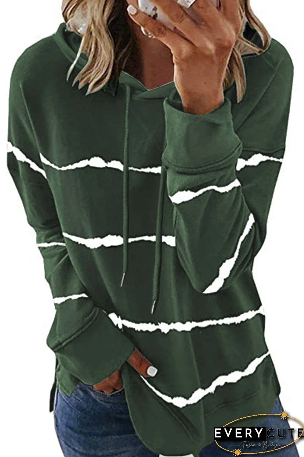 Green Tie-dye Striped Drawstring Hoodie with Side Split