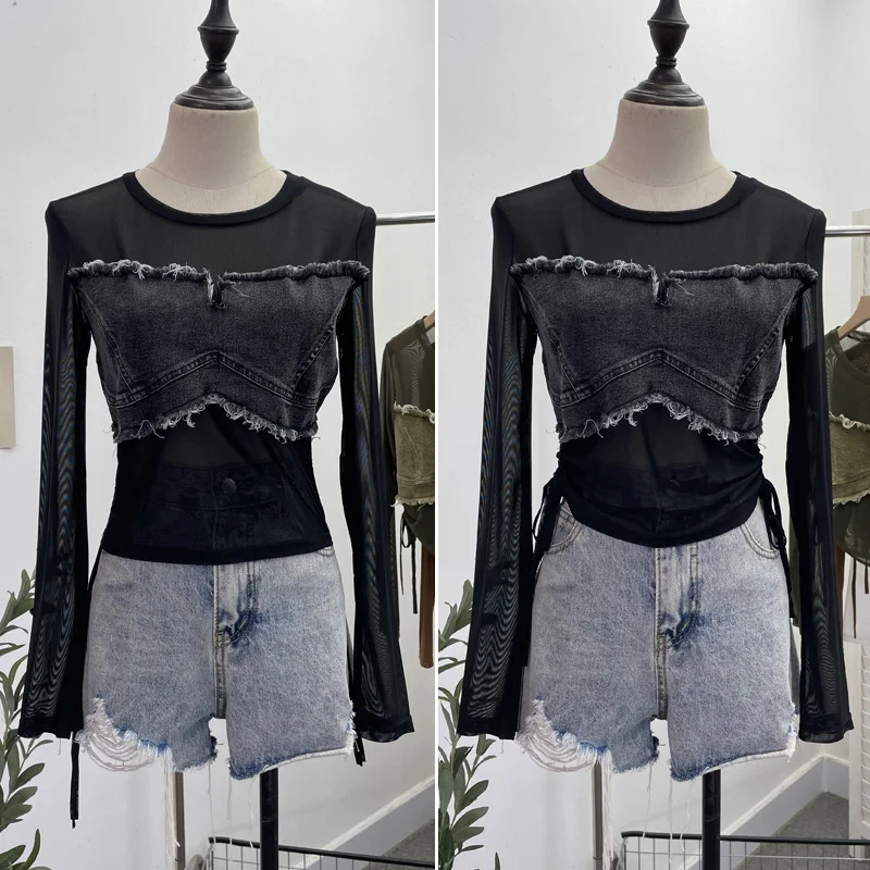 Uveng Vintage Spice Girls Stomee Net Yarn Sexy Perspective Drawstring Long-Sleeved T-Shirt Top 2630