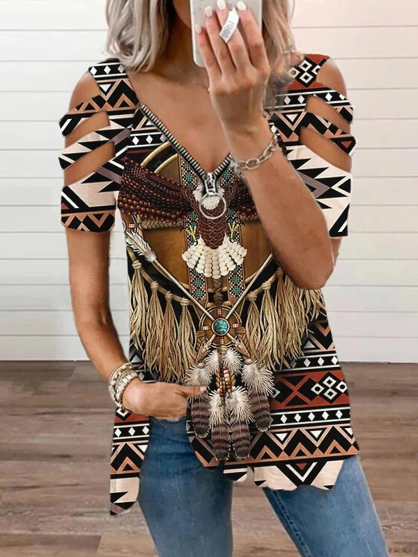 Ethnic Eagle Mandala Graphic Hollow Shoulder T Shirt