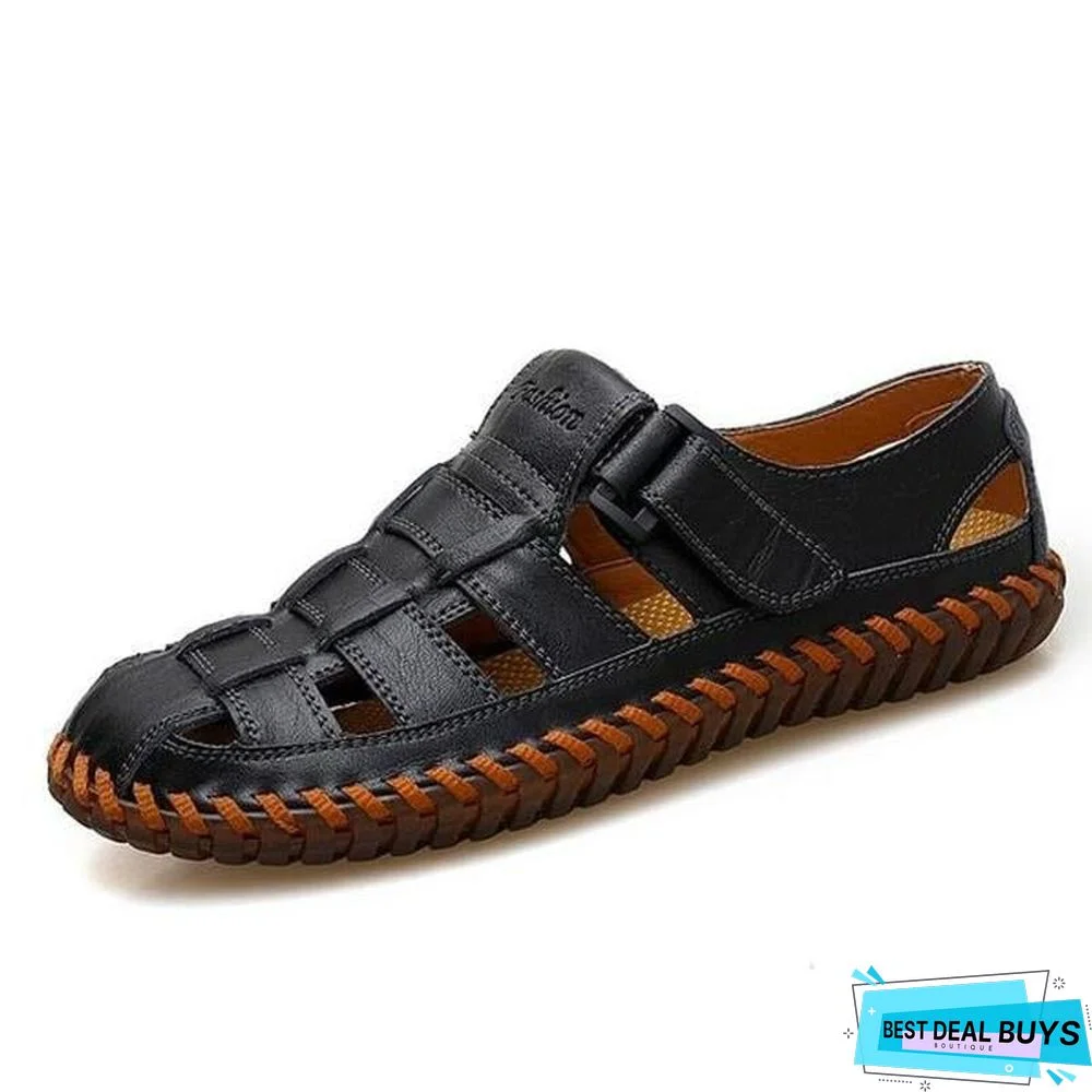 Men's Cow Leather Sandals Breathable Casual Footwear Walking Sandal Shoes