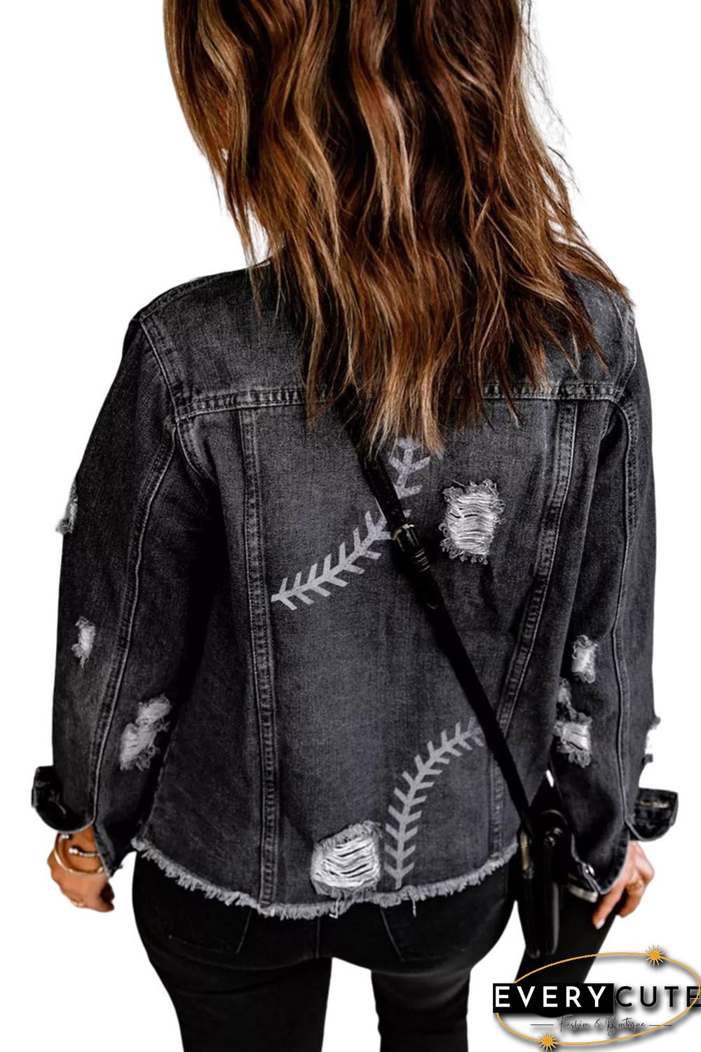 Wholesale Black Laser Etching Baseball Pattern Distressed Denim Jacket