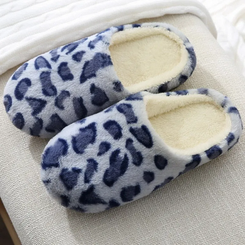 LITTHING Women Home Slippers With Faux Fur Flats Heels Shoes Winter Warm Slippers Women Leopard Print Female Flip Flop Size36-45