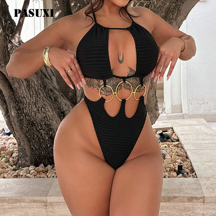 PASUXI  Sexy High Waist Bikini with Gold Ring Detail Trendy One Piece Swimsuit huanwei