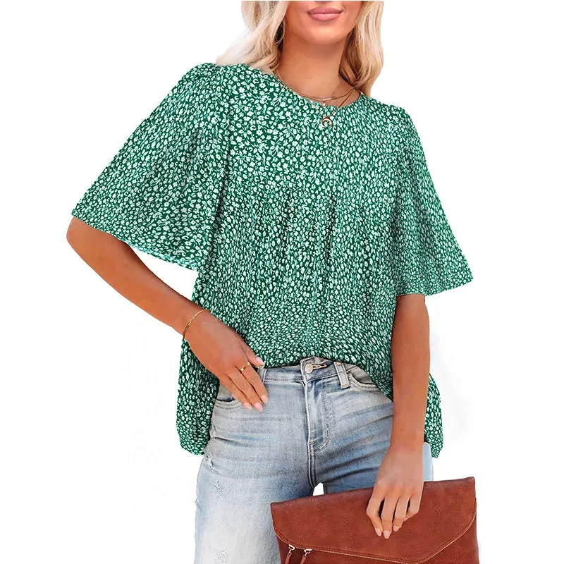 Huiketi Women's Flower Shirt Top Fashion Summer O-Neck Blouse Short Sleeve Shirts Elegant Casual Loose Tops Blouses For Women Clothing