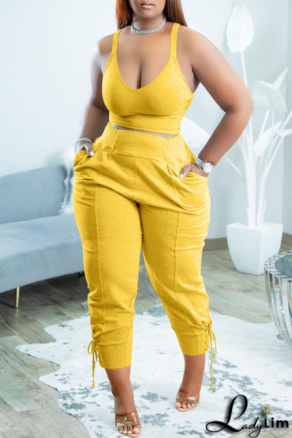 Yellow Casual Sportswear Simplicity Solid Bandage Vests Spaghetti Strap Sleeveless Two Pieces