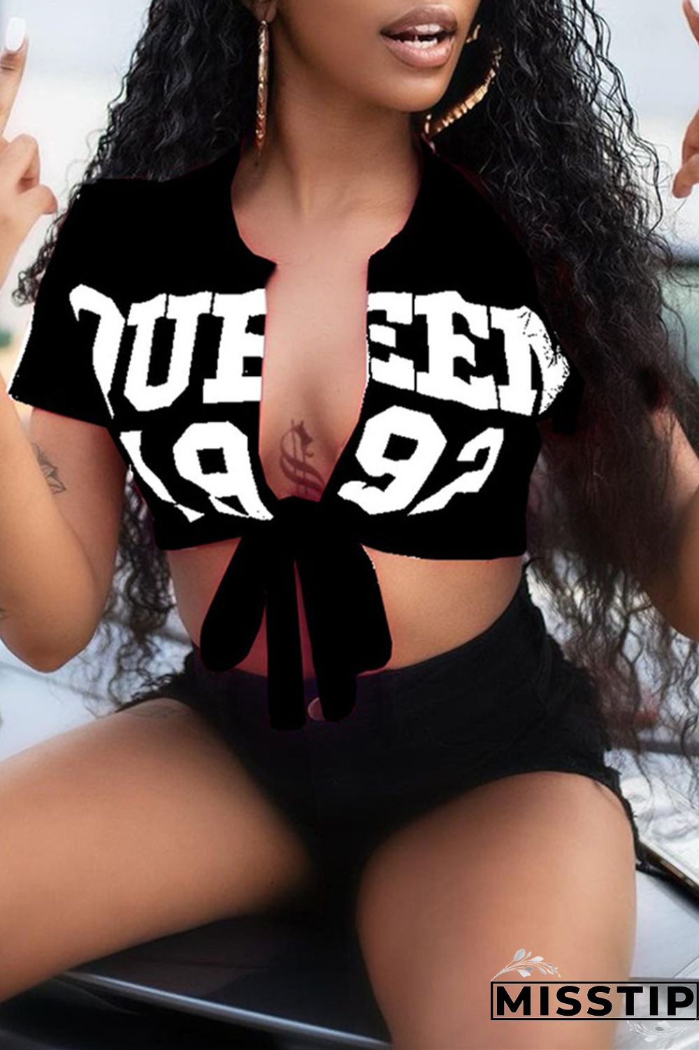 Red Fashion Casual Letter Print Bandage V Neck T-Shirts