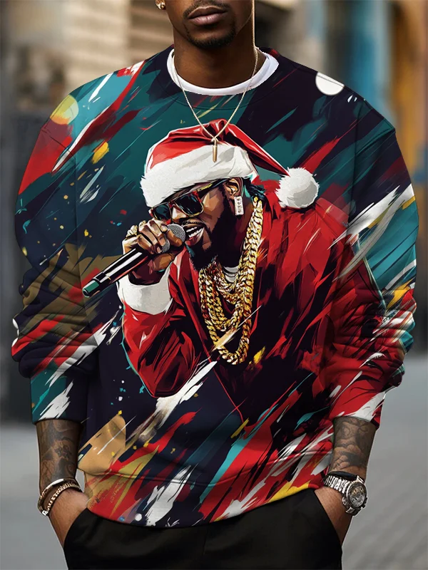 Men's Christmas Black Hip-hop Rapper Art Print Casual Sweatshirt