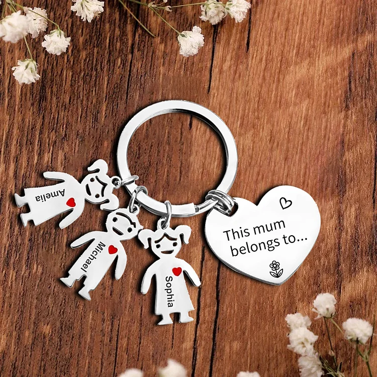 3 Names - Personalized Keychain with Kid Charm Engraved Names Keychain Heart Mother's Day Gift for Mum/Nan