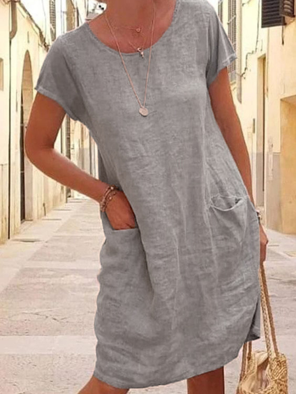 Mature Women Plus Size New Loose Solid Color Pocket Short Sleeve Round Neck Cotton And Linen Dress