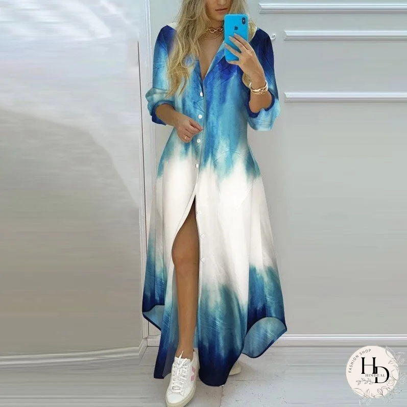 New Spring Summer Striped Split Maxi Dress Casual Turn-Down Collar Button Shirt Long Dress Women Elegant Long Sleeve Party Dress