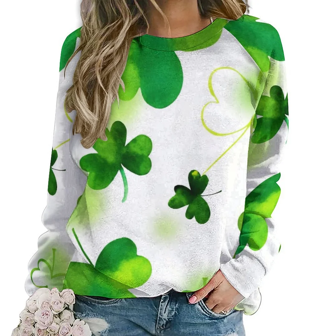 Printed Long Sleeve Casual Sweatshirt for  Women and Men Unisex Pattern St. Patrick's Day, Green, Clover, Lucky