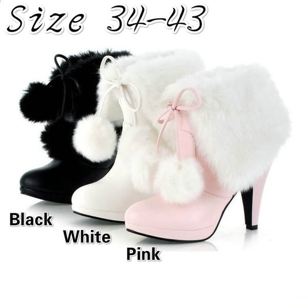 2020 Winter high heels ankle boots for women fashion faux fur platform short boots keep warm lace up shoes ladies black white pink - Shop Trendy Women's Clothing | LoverChic