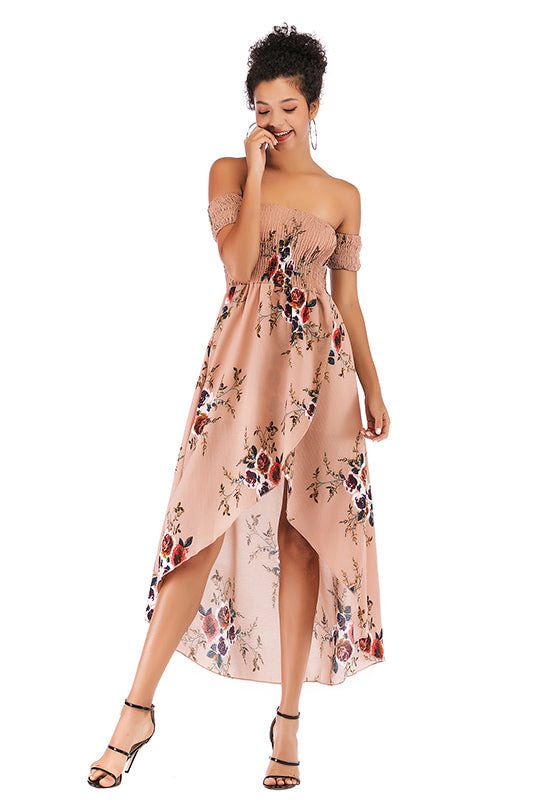 Off-the-shoulder Asymmetrical Hem Shirred Floral Dress - Chicaggo