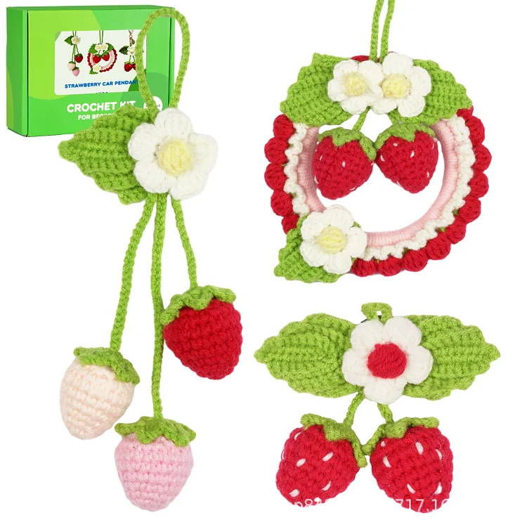 YarnSet - Crochet Kit For Beginners - Strawberry Pendant Set of 3