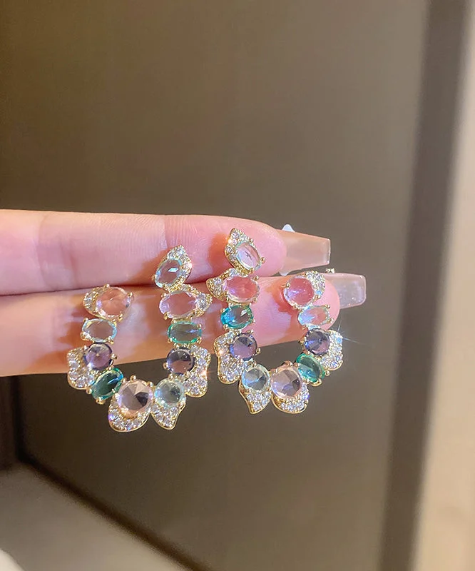 Casual Rainbow Copper Zircon Crystal Asymmetric U Shaped Hoop Earrings