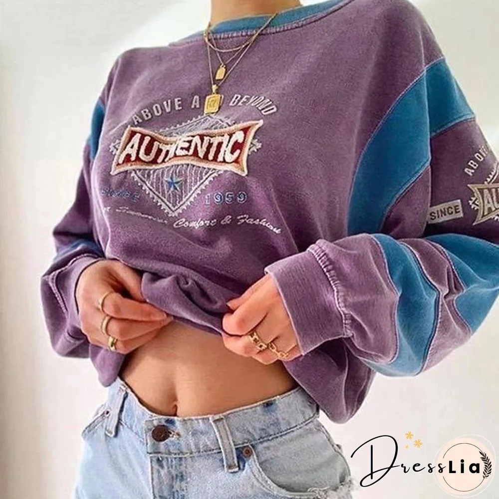 Women Embroidery Letter Print Sweatershirts Round Neck Oversize Sweatershirt Casual Tops Autumn Spring Purple Hoodies