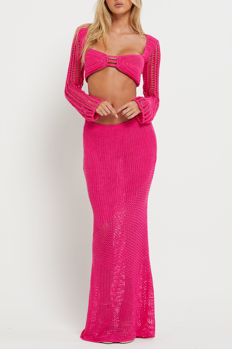 Knit Long Sleeve Backless Crop Top Bodycon Fishtail Maxi Skirt Matching Set-Pink [Pre Order]