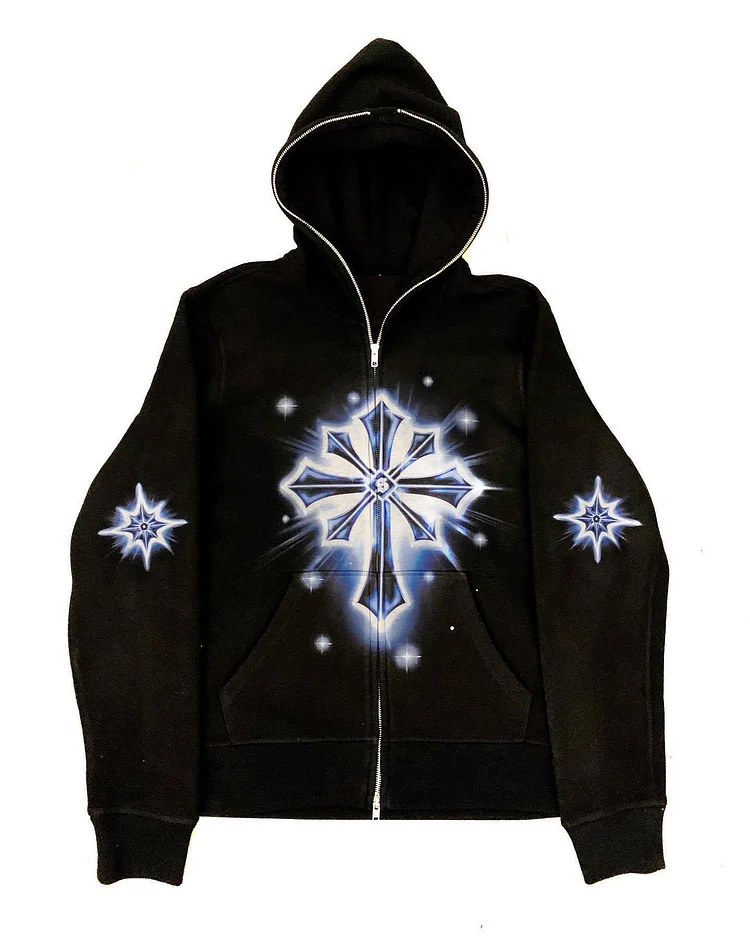 Cross Letter Print Full Zip Up Hoodie Gothic Hoodie Jacket We Could All Be Stars Printed at Hiphopee