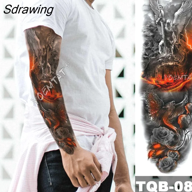Sdrawing Arm Sleeve Tattoo Japanese Wave Waterproof Temporary Tattoo Sticker Lily Peacock Men Full Tiger Fox Tatoo Body Art Women